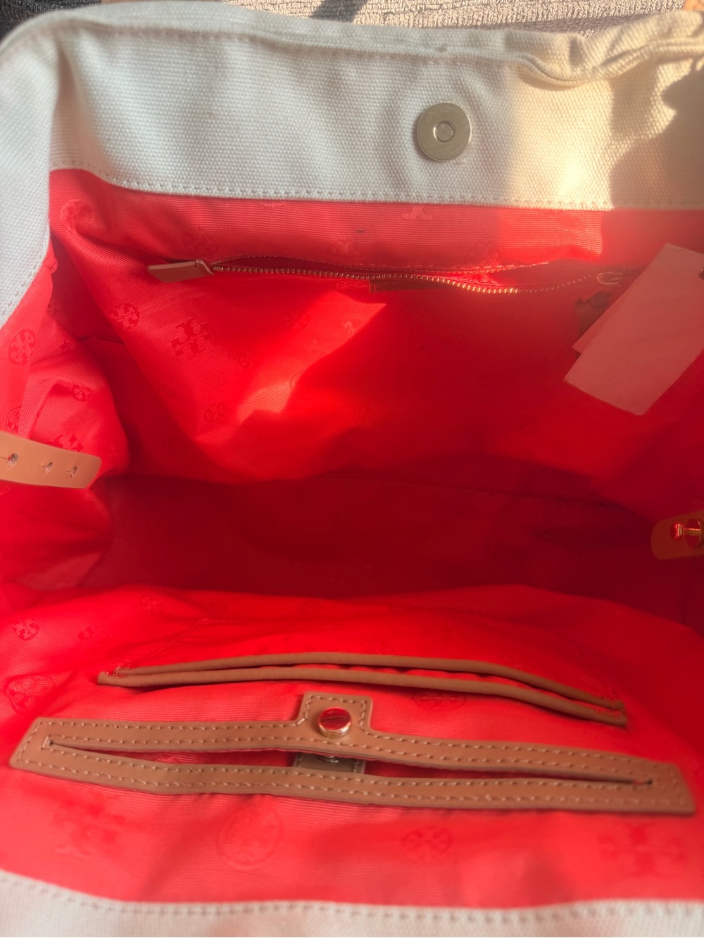 Tory Burch Dipped Beach Tote Natural Poppy Red Fiesta Canvas Leather Bag - Picture 7 of 13